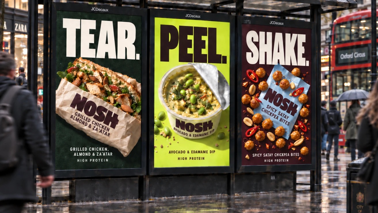 Nosh Tear, Peel and Shake bus shelter advertising campaign in London