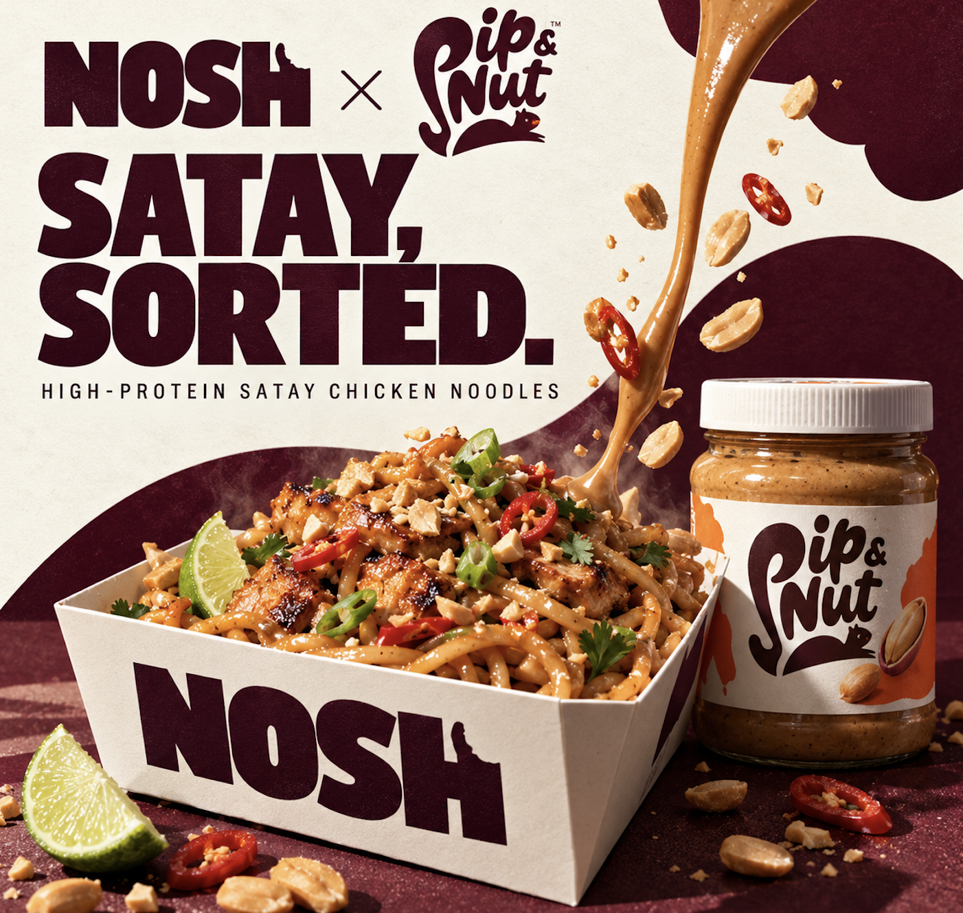 Nosh x Pip & Nut satay chicken noodle bowl campaign visual