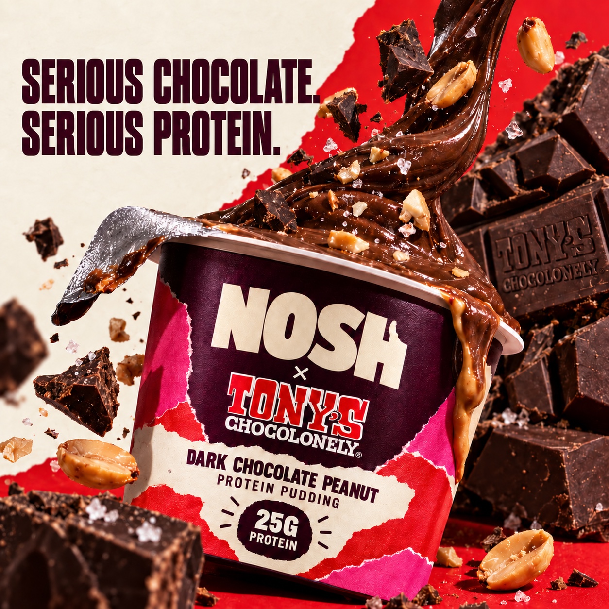 Nosh x Tony's Chocolonely dark chocolate peanut protein pudding campaign visual