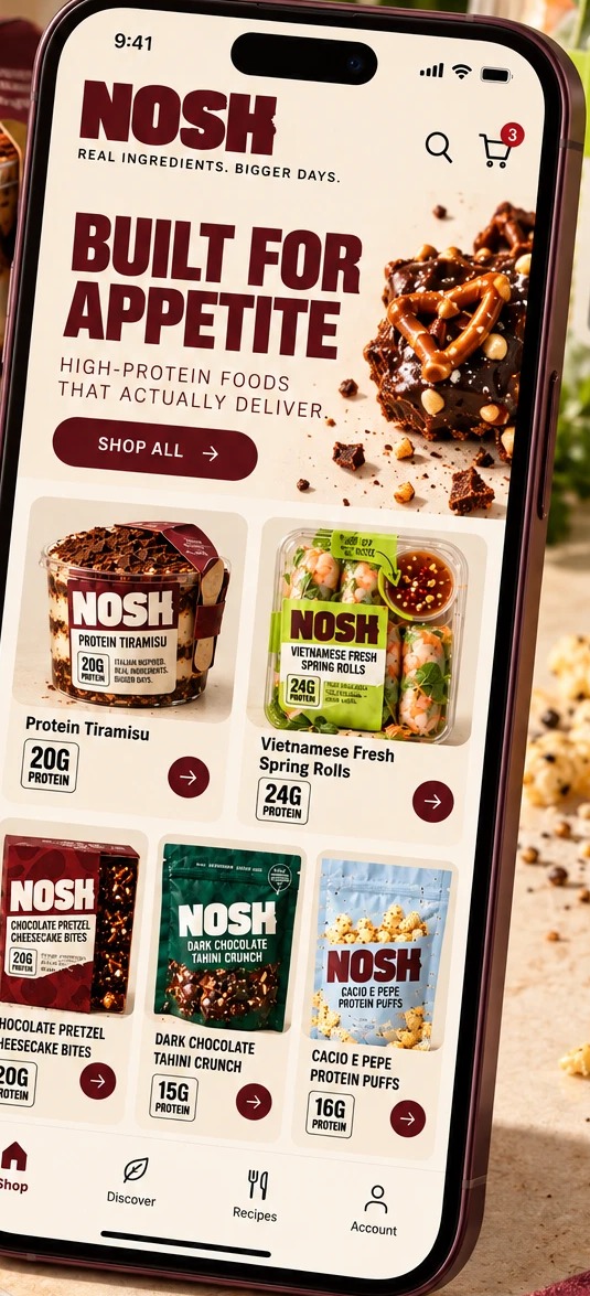 Nosh mobile app product listing screen, 'Built for appetite' with the shop range below