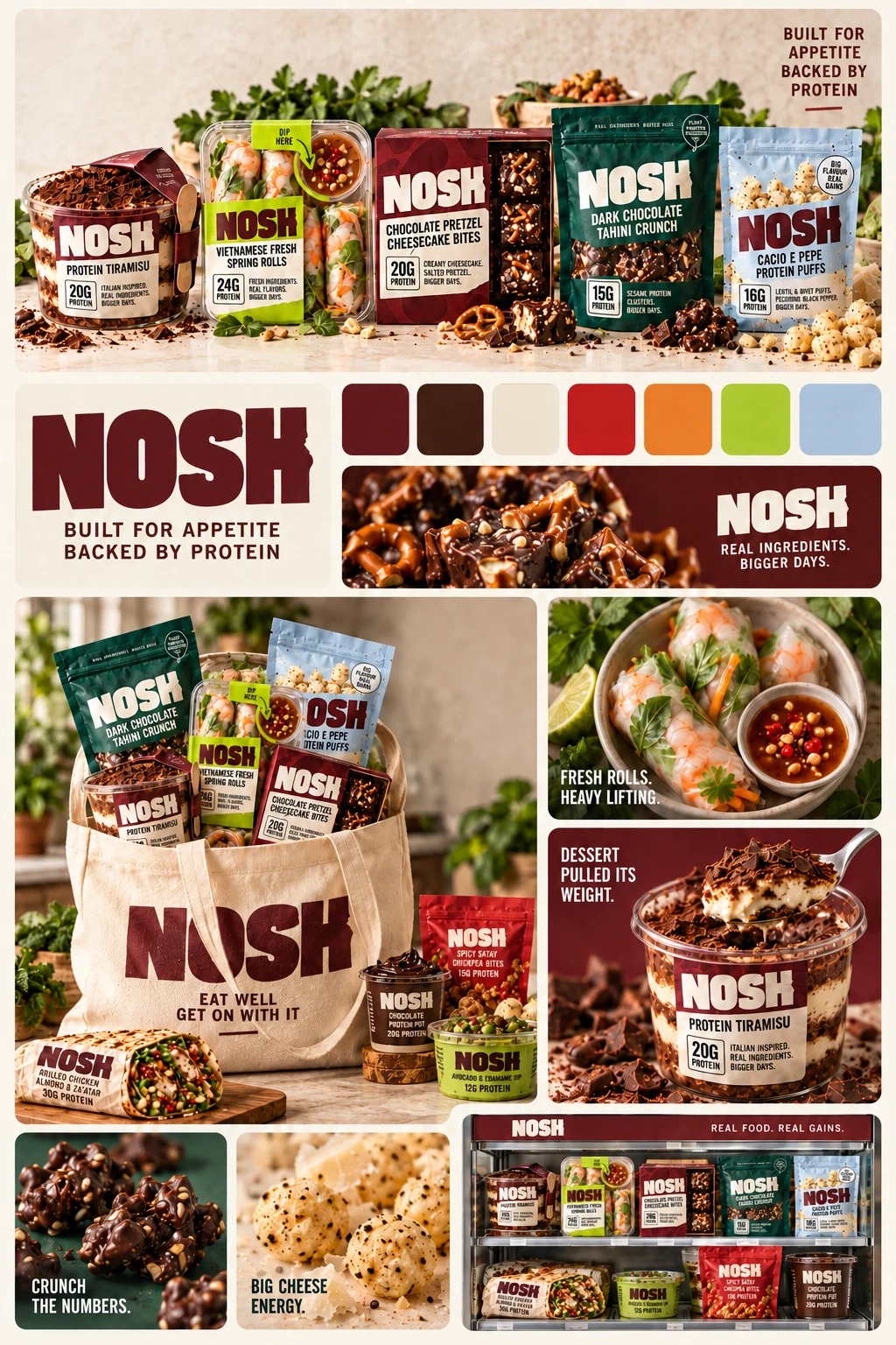 Nosh full brand guidelines moodboard — product lineup, palette, wordmark, tote bag and packaging detail shots