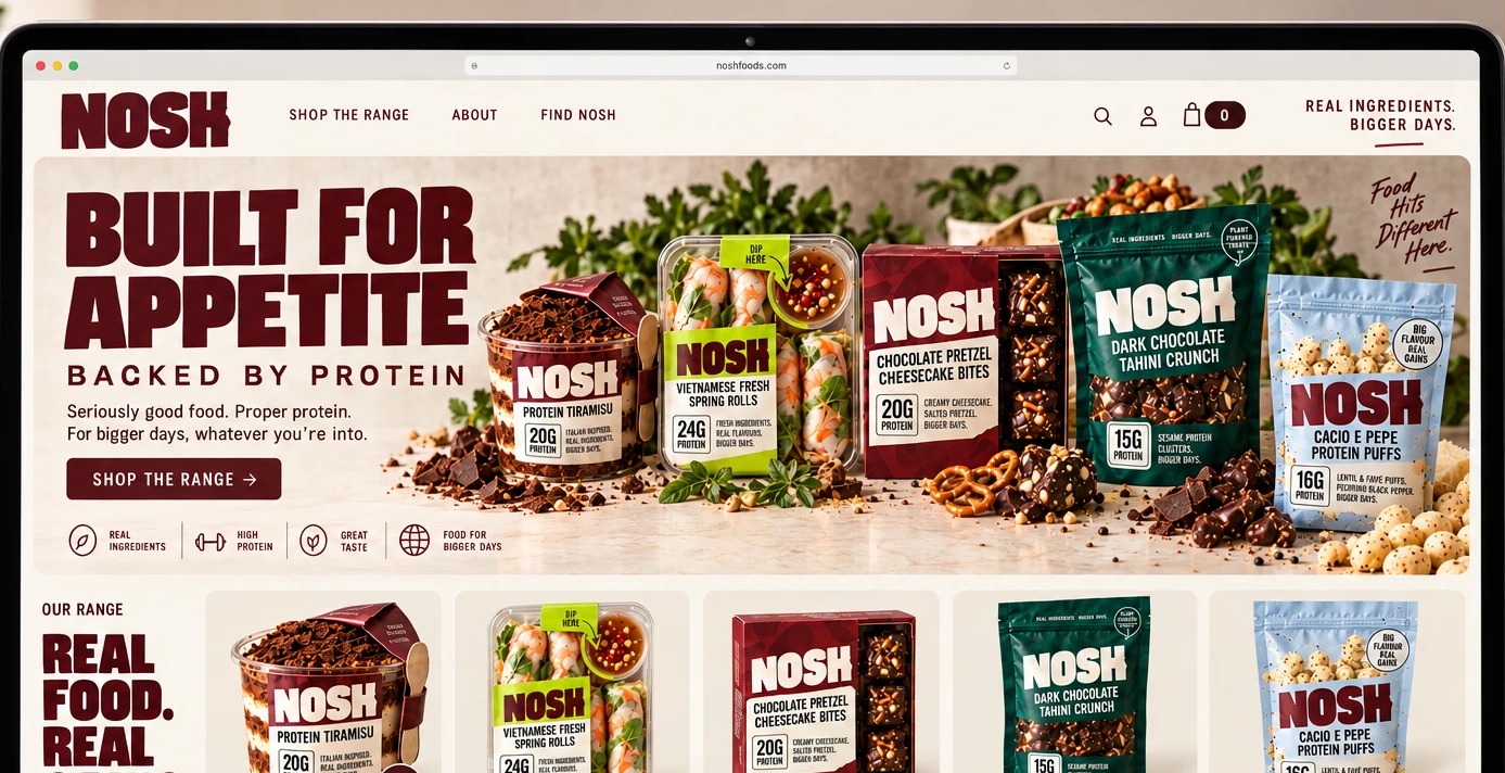 Nosh website homepage, 'Built for appetite, backed by protein' hero with the full product range