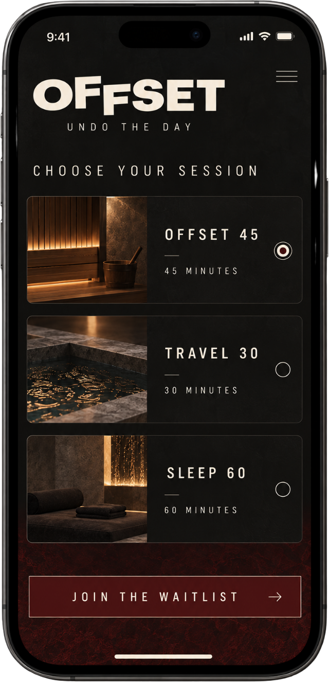 Offset member app session-picker screen in dark oxblood, listing Offset 45, Travel 30 and Sleep 60