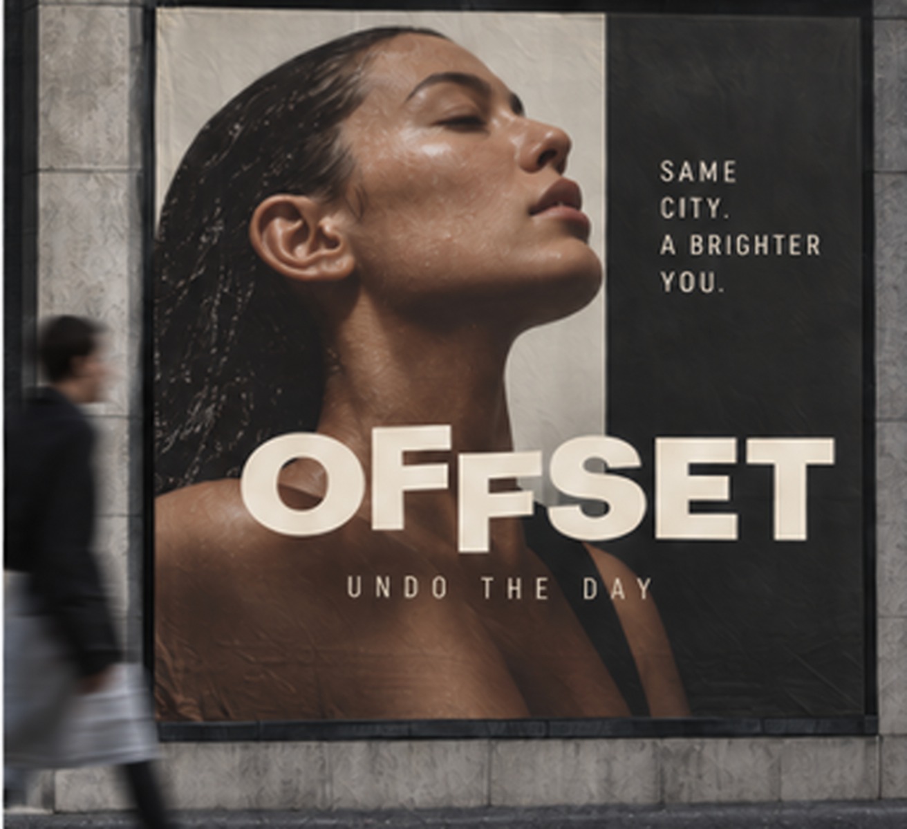 Offset campaign portrait with wet hair and the wordmark, paired with 'Same city. A brighter you.'