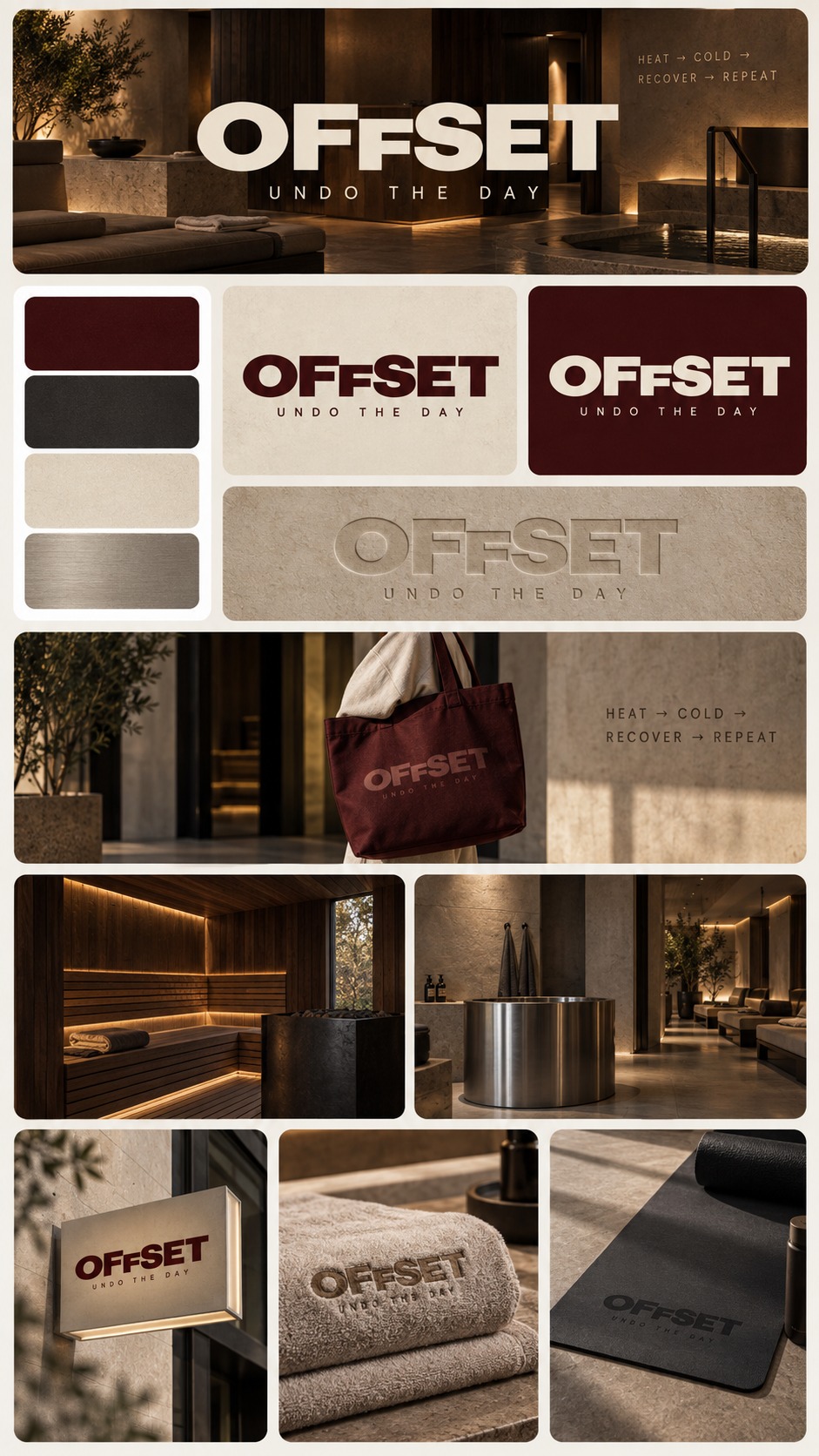 Offset full brand guidelines moodboard — palette, wordmark lockups, embossed mark, tote, sauna, cold plunge, signage, towels and mat