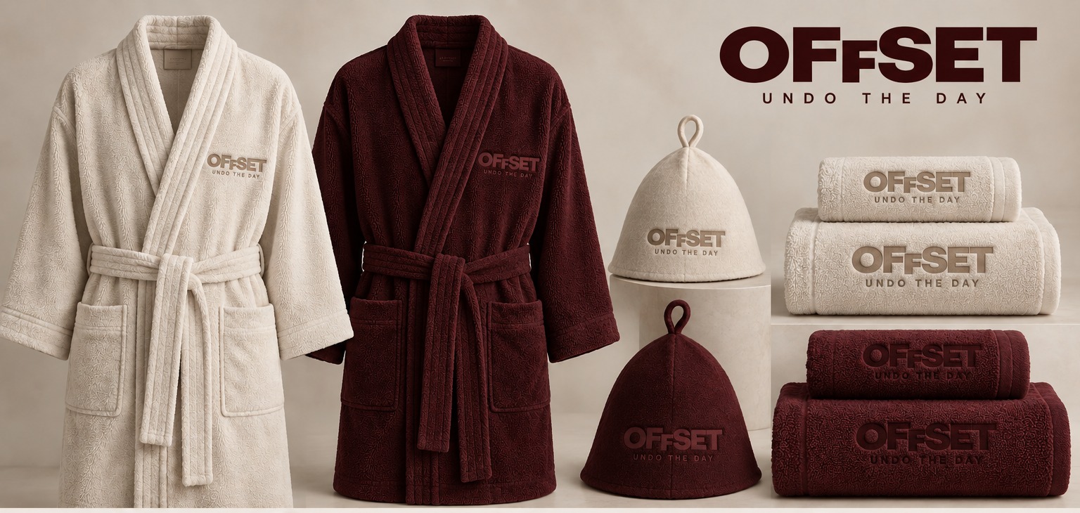 Offset robe, towel and sauna hat product line in cream and oxblood, each embroidered with the wordmark