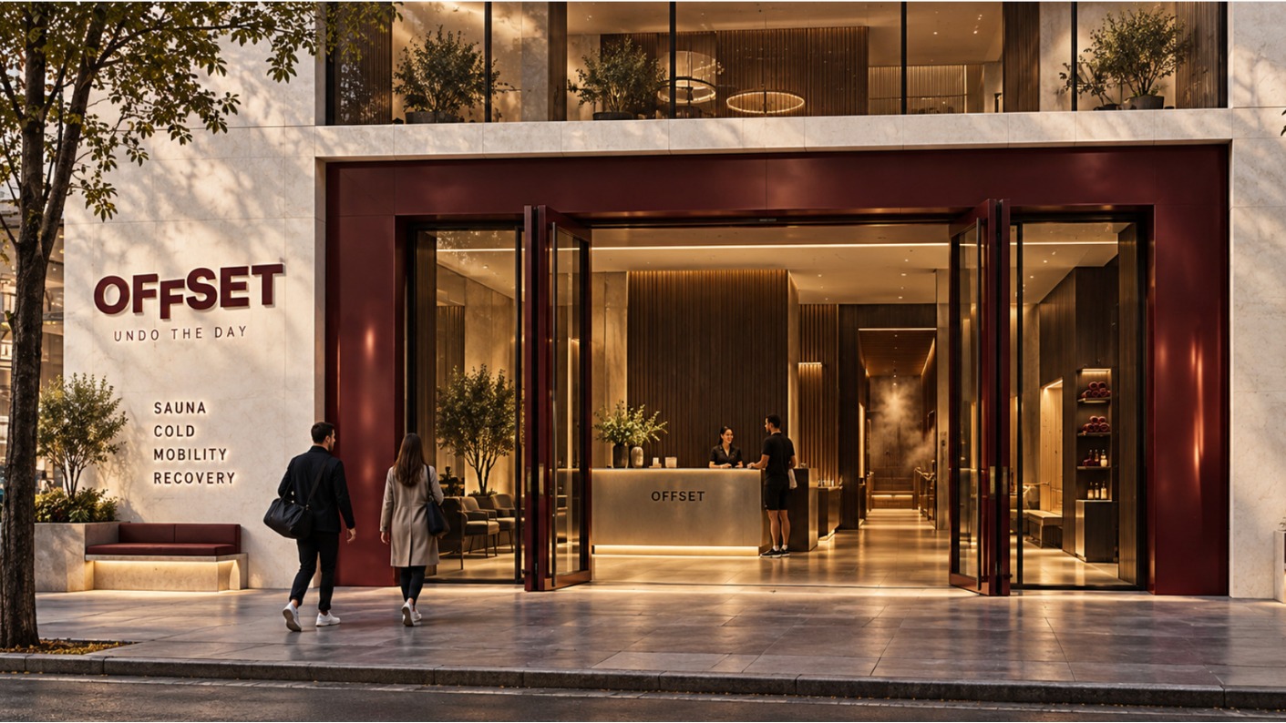 Offset storefront entrance at dusk with oxblood glass doors, the wordmark on the exterior wall and the reception desk beyond