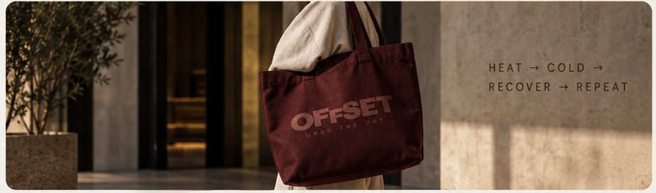 Offset canvas tote bag hung over a member's shoulder in the reception hallway