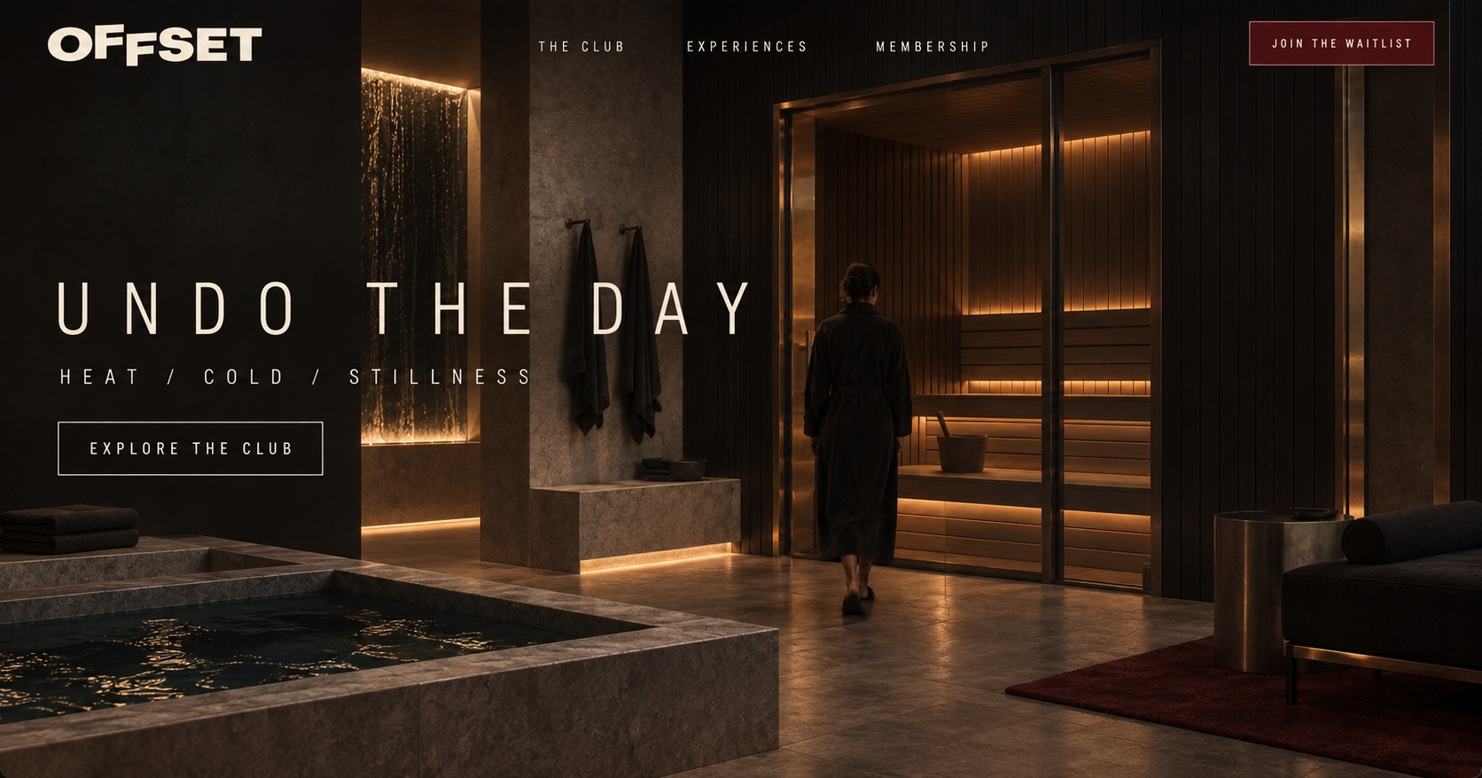 Offset website homepage with 'Undo the day' full-bleed headline over sauna and plunge pool photography